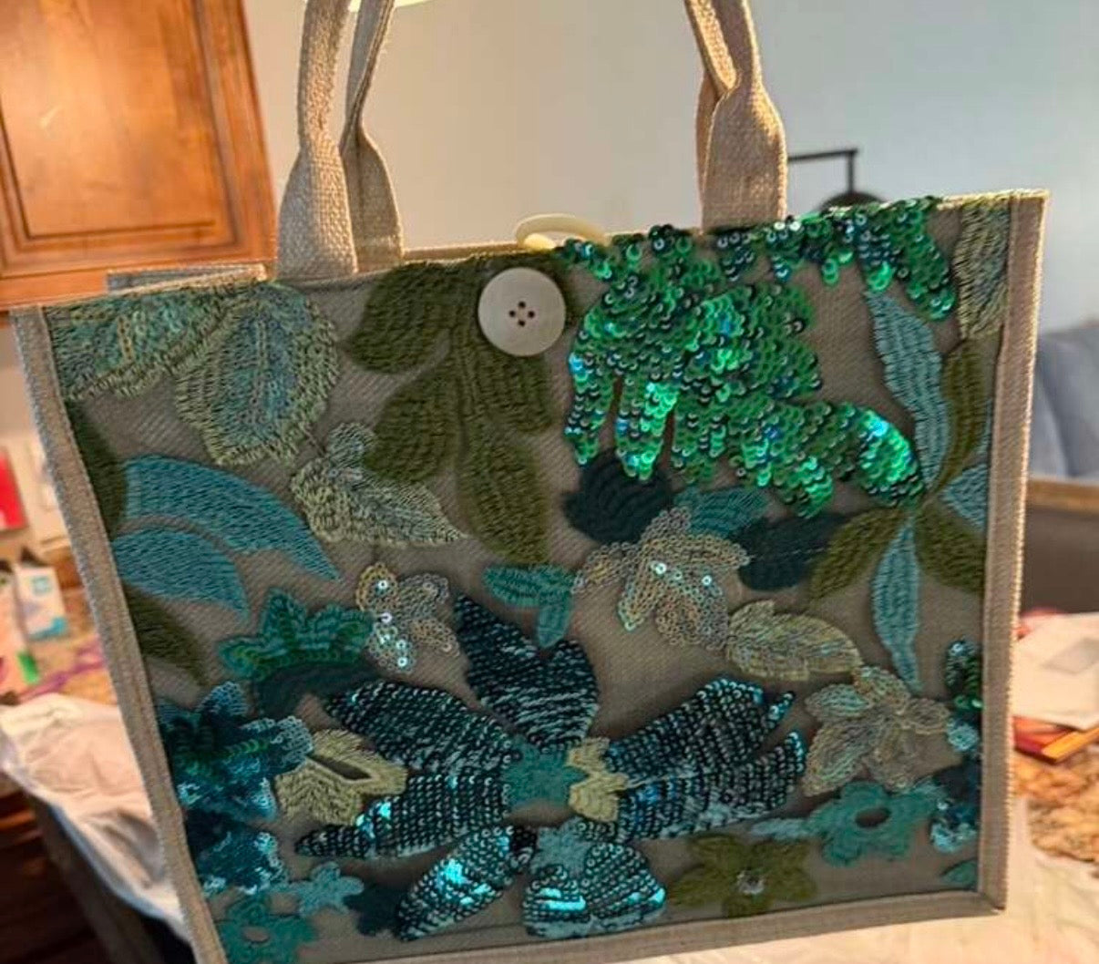 Summer tote bag with embroidered sequin flowers